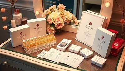 An array of personalized fragrance discovery kits displayed on a luxurious vanity table with sample vials, scent cards, and a guidebook, surrounded by delicate flowers and soft lighting, evoking a sense of sophistication and exploration in the world of fragrances.