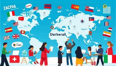 A vibrant digital illustration showcasing a global virtual language exchange hub with avatars engaging in language conversations, cultural activities, and virtual travels, surrounded by language flags, world maps, and digital language resources, fostering a dynamic and interactive language learning environment in LingoLink.