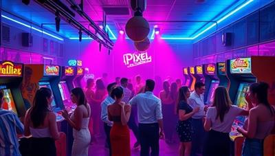 A vibrant and neon-lit arcade nightclub scene with guests dancing, playing arcade games, and enjoying retro cocktails, capturing the lively and nostalgic ambiance of PixelPlay Club's Retro Arcade Nightclubs.