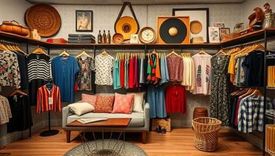 An eclectic and stylish online thrift store display featuring a mix of vintage clothing, retro accessories, and unique collectibles arranged in a visually appealing and trendy setting, inviting users to explore and discover hidden treasures in the digital marketplace.