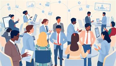 A dynamic digital illustration of professionals from various industries engaging in virtual networking activities, exchanging virtual business cards, participating in online workshops, and building connections within the ConnectPro Network platform, conveying a sense of connectivity and professional growth opportunities.
