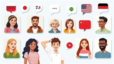 An online language exchange platform interface showcasing diverse user profiles connecting with each other through video calls and chat, exchanging languages and cultural insights, with speech bubbles and flags representing different languages, fostering a global and inclusive learning community.