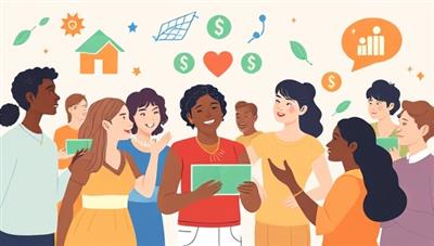 An illustrative depiction of a diverse group of people exchanging money through a digital platform, with symbols representing financial empowerment, community support, and collaboration, illustrating the concept of peer-to-peer microfinance lending.