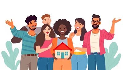 A digital illustration showing a diverse group of individuals happily investing in real estate through a user-friendly app interface, symbolizing inclusivity and financial empowerment.