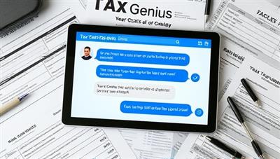 An interactive chat interface with a tax expert providing personalized advice to a user, surrounded by tax forms and financial documents, illustrating the convenience and expertise offered by TaxGenius Online in tax advisory services.