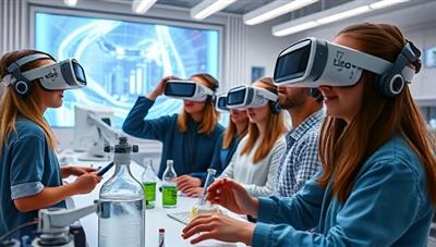 A group of students wearing VR headsets and interacting with virtual science equipment in a futuristic laboratory setting, illustrating the immersive and engaging learning experience offered by VR Science Quest.