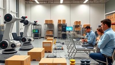 A robotics training lab equipped with various warehouse robotic systems, interactive programming interfaces, and a diverse group of students working together on robotics projects, creating a dynamic and futuristic learning environment in warehouse automation technology.