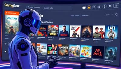 An AI-powered virtual assistant guiding a gamer through a selection of recommended games based on their preferences, displayed on a futuristic interface with dynamic game trailers and user ratings, illustrating the personalized and cutting-edge nature of GameGen AI.