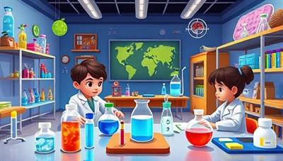 An animated virtual science lab filled with colorful equipment and interactive tools, with young students conducting experiments and engaging with STEM concepts under the guidance of virtual instructors, fostering a love for learning and exploration in STEM education for kids.