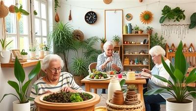 A cozy workshop setting with a group of seniors engaged in crafting activities using recycled materials, surrounded by plants, natural light, and handmade decorations, reflecting a warm and sustainable crafting atmosphere that promotes creativity and environmental consciousness.