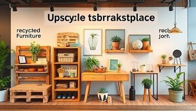 An inspiring online marketplace display featuring a variety of upcycled products like repurposed pallet furniture, recycled glassware, handmade jewelry from reclaimed materials, and upcycled tech accessories, presented in a visually appealing and eco-friendly setting, conveying a message of sustainability and creativity.