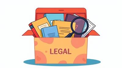 An illustration of a vibrant subscription box filled with legal-themed items such as books, guides, legal pads, and a magnifying glass, symbolizing knowledge, education, and empowerment in legal matters.