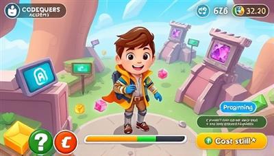 An engaging digital illustration of a character avatar embarking on a coding quest in a virtual world, surrounded by coding challenges, colorful gems representing programming concepts, and a progress bar indicating skill development, highlighting the gamified learning experience of CodeQuest Academy.
