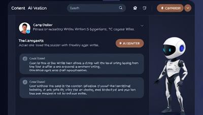 A sleek and modern interface of the AI content creation platform, showing a user receiving real-time writing suggestions and improvements, with a sleek AI assistant character guiding the user through the writing process.