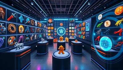 An immersive virtual marketplace environment showcasing a diverse collection of NFT gaming assets, digital collectibles, and unique in-game items displayed as interactive 3D models, with blockchain transaction animations and secure trading interfaces, illustrating the seamless and engaging experience of buying and owning virtual assets on the platform.