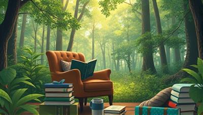 An artistic digital illustration of a serene reading nook in a lush green forest, featuring a cozy armchair, a stack of eco-friendly books, and a reusable mug, conveying a harmonious blend of reading pleasure and environmental mindfulness.