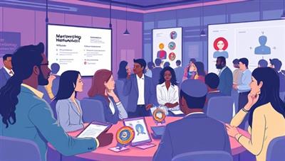An artistic depiction of a virtual networking event where professionals are engaging in mentorship conversations and knowledge sharing, with digital badges and achievements symbolizing career growth and development in a virtual space.