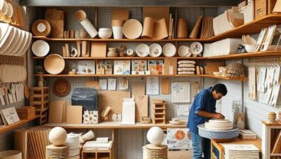 A cozy workshop filled with recycled paper materials, handmade paper products displayed on shelves, and artisans crafting paper items with intricate designs, conveying sustainability and creativity in paper crafting.