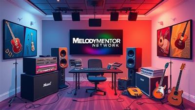 An artistic and musical-themed digital illustration featuring a virtual music studio environment with instruments, recording equipment, and creative elements, symbolizing the collaborative and innovative spirit of the MelodyMentor Network platform for aspiring musicians.