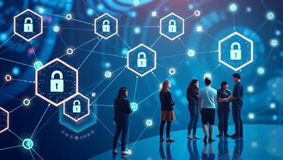 An abstract representation of interconnected blockchain blocks symbolizing secure transactions and a diverse group of freelancers and clients collaborating on a digital platform, showcasing transparency and efficiency.