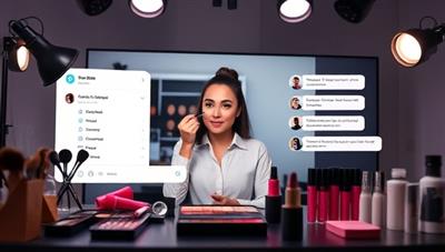 A dynamic virtual beauty masterclass setup with a professional instructor conducting a live makeup tutorial, surrounded by beauty tools, products, and a virtual chat box for student interaction, creating an interactive and educational beauty learning experience.