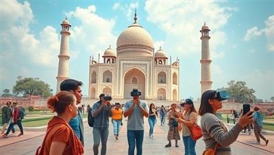 An immersive virtual travel experience scene with users exploring a digital replica of a famous landmark, interacting with local guides and participating in cultural activities, capturing the essence of global travel and discovery in a virtual setting.
