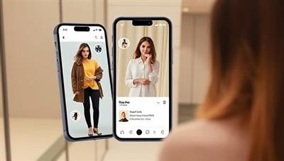 An interactive app interface displaying a user virtually trying on different outfits in front of a mirror, with AI-generated style recommendations and shopping options, creating a seamless and engaging fashion experience.