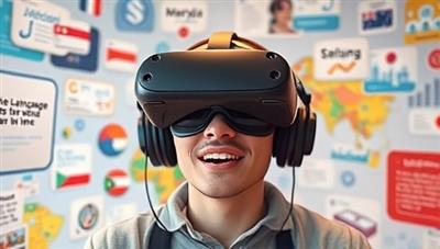 An exciting VR headset displaying a user immersed in a virtual language environment, surrounded by interactive language tools and cultural references, capturing the essence of the immersive language learning experience offered by VRlingo.