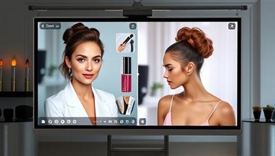 An elegant digital interface showcasing a split-screen with a beauty expert giving personalized advice on makeup techniques, skincare routines, and hairstyling tips to a client, creating a virtual beauty consultation experience.
