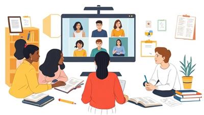 A digital illustration of a diverse group of writers participating in a virtual workshop, sharing feedback on each other's work through video conferencing, with creative writing tools and notebooks scattered around, showcasing a collaborative and supportive writing environment.