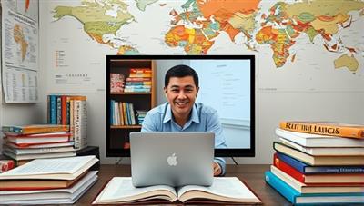 An engaging online language lesson scenario where a tutor conducts a virtual class with interactive language exercises and cultural insights, surrounded by language textbooks, maps, and digital language tools, fostering a global learning environment.