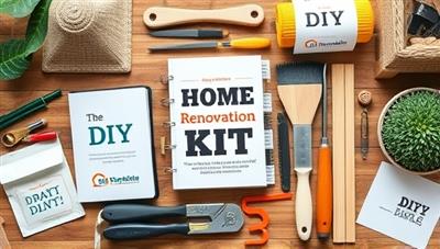 An artistic flat lay of a DIY home renovation kit showcasing neatly arranged tools, materials, and a renovation guidebook on a stylish wooden table, inspiring creativity and empowerment for home improvement projects.