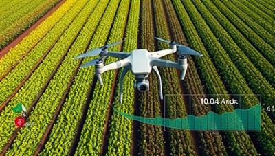 An aerial view captured by a drone flying over lush farmland, showcasing rows of crops in varying colors and textures, with data overlays indicating crop health metrics and irrigation needs, illustrating the precision and efficiency of agricultural drone services.