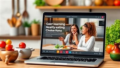 A virtual kitchen setting with fresh ingredients, measuring tools, and a laptop displaying a nutrition coaching session with a certified nutritionist guiding a client through meal planning and healthy eating choices, conveying the supportive and educational atmosphere of NutriVibe Connect.
