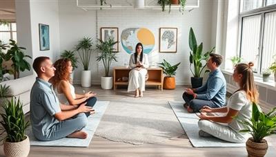 A serene workplace setting with employees participating in a mindfulness meditation session led by a mental health consultant, surrounded by calming decor, plants, and relaxation aids, promoting a culture of mental wellness and stress relief in the workplace.