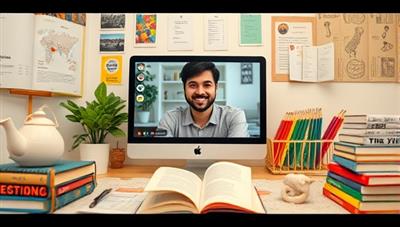 An engaging virtual language lesson scenario with a tutor and student interacting through a video call, surrounded by language learning materials and cultural props, creating an immersive and educational atmosphere.