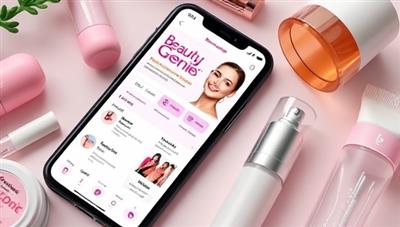 A smartphone screen displaying the BeautyGenie app interface with personalized skincare routines, makeup recommendations, and haircare tips tailored to the user's profile, surrounded by beauty products and a digital AI assistant, illustrating the app's advanced personalization features.