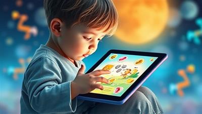 An imaginative visual of a child interacting with a tablet screen, engrossed in a personalized AI-generated story filled with colorful illustrations and interactive elements, showcasing the magic of technology-enhanced storytelling.