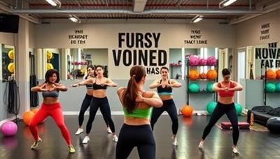 A dynamic fitness studio setting with participants engaging in a fusion workout class, combining elements of different fitness disciplines, surrounded by vibrant workout equipment, motivational quotes, and energetic music, creating a high-energy and inclusive fitness environment.