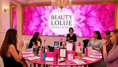 An elegant charity auction event setup with glamorous beauty products on display, auction paddles, and guests bidding on exclusive beauty packages, surrounded by inspirational decor and branding for the charitable cause, creating a luxurious and philanthropic beauty experience.