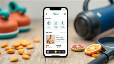 A smartphone screen displaying the FitGenie app interface with personalized workout recommendations, a progress tracker, and a virtual coach, surrounded by fitness equipment and healthy snacks, inspiring users to achieve their fitness goals.