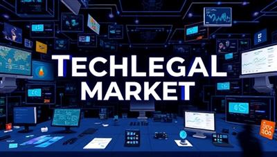 A dynamic visual of TechLegal Market showcasing a variety of legal tech solutions on a digital platform, with software interfaces, AI tools, and analytics dashboards, creating a tech-savvy and innovative atmosphere for legal professionals seeking cutting-edge solutions.