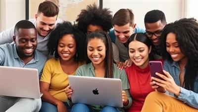 A vibrant and diverse group of young investors engaging with the MicroShare platform on their laptops and smartphones, symbolizing inclusivity and accessibility in the world of micro-investing.