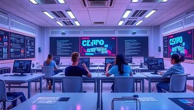 A futuristic and tech-inspired design showcasing a digital classroom environment with virtual avatars of students engaging in interactive crypto learning activities, emphasizing a modern and immersive educational experience.