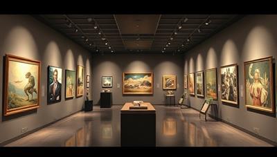 An immersive digital rendering of a virtual art gallery space, showcasing a diverse collection of artworks on display, with interactive features for zooming in on details, reading artist bios, and purchasing pieces, creating a sophisticated and visually appealing online art viewing experience.