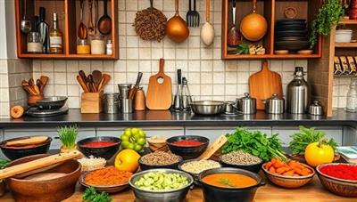 An inviting kitchen setting with a diverse array of global spices, cooking utensils, and fresh ingredients, reflecting the vibrant and flavorful experiences offered in the cultural food tours and cooking classes hub.