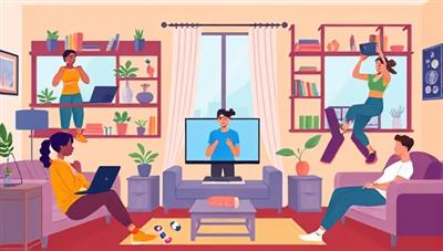 A vibrant digital illustration of diverse individuals working out in different home settings, following a virtual trainer on their screens, showcasing inclusivity, convenience, and motivation.