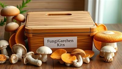 An elegant and rustic mushroom farming kit displayed on a wooden table, surrounded by fresh mushrooms of different varieties, showcasing the simplicity and natural appeal of FungiGarden Kits.
