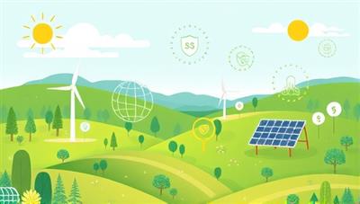An illustration featuring a serene green landscape with renewable energy sources like wind turbines and solar panels, intertwined with insurance symbols and eco-friendly icons, symbolizing the harmonious blend of sustainability and insurance protection.