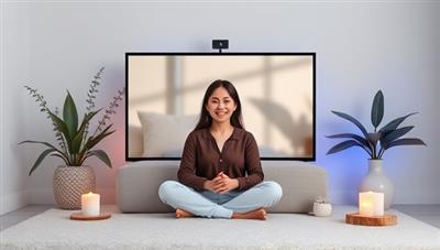 A serene and calming virtual coaching session setting within the platform interface, featuring a mentor providing guidance and support to a client through a video call, surrounded by soothing visuals and relaxation elements, creating a safe and supportive space for mental wellness coaching.